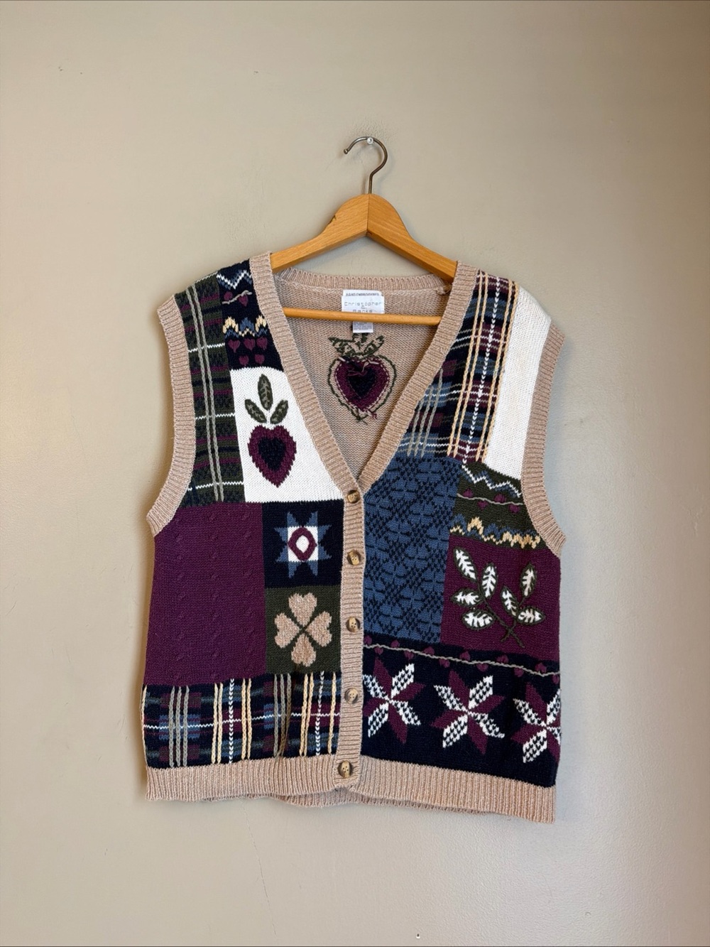 Vtg Christopher & Banks Teacher Hand Embroidered Patchwork Vest  L Grandmacore